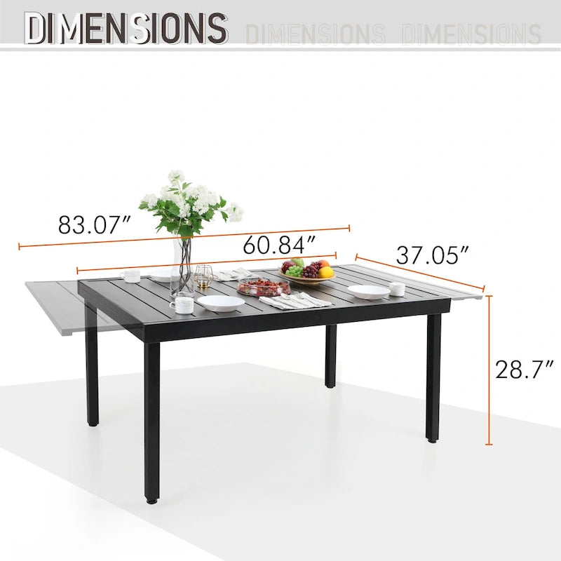 Multi-piece Expandable Black Steel and Rattan Outdoor Dining Table Set