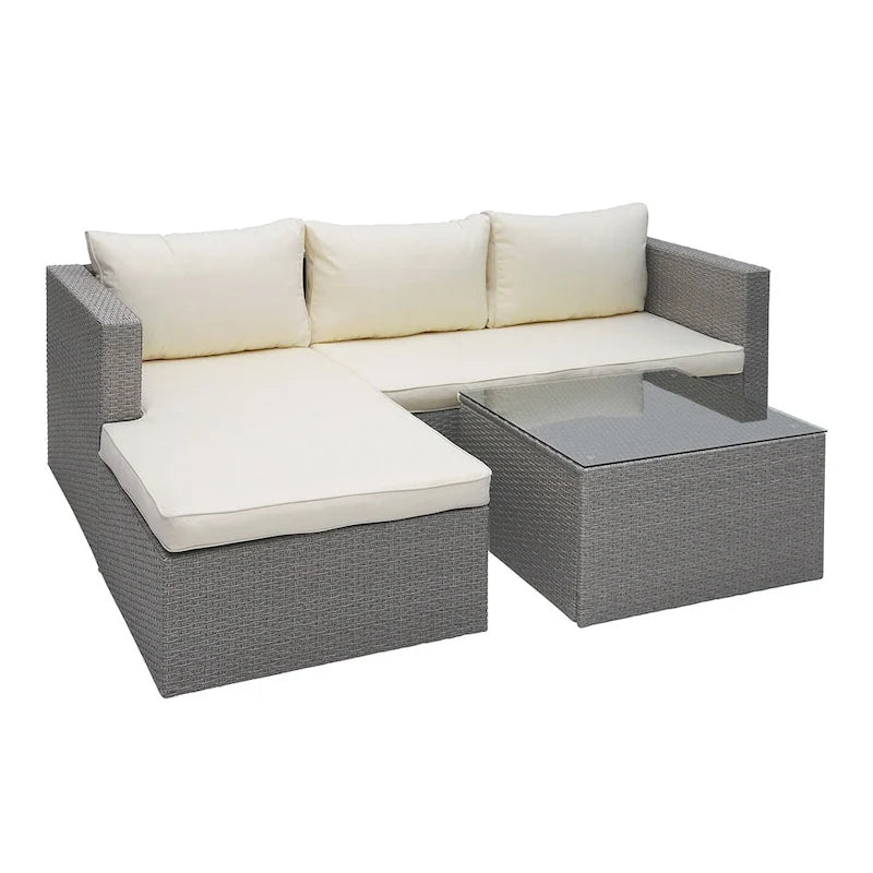 Maypex 3 Piece Wicker Sectional Conversation Set with Cushions Grey