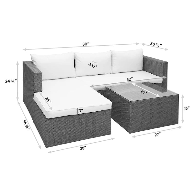 Maypex 3 Piece Wicker Sectional Conversation Set with Cushions Grey