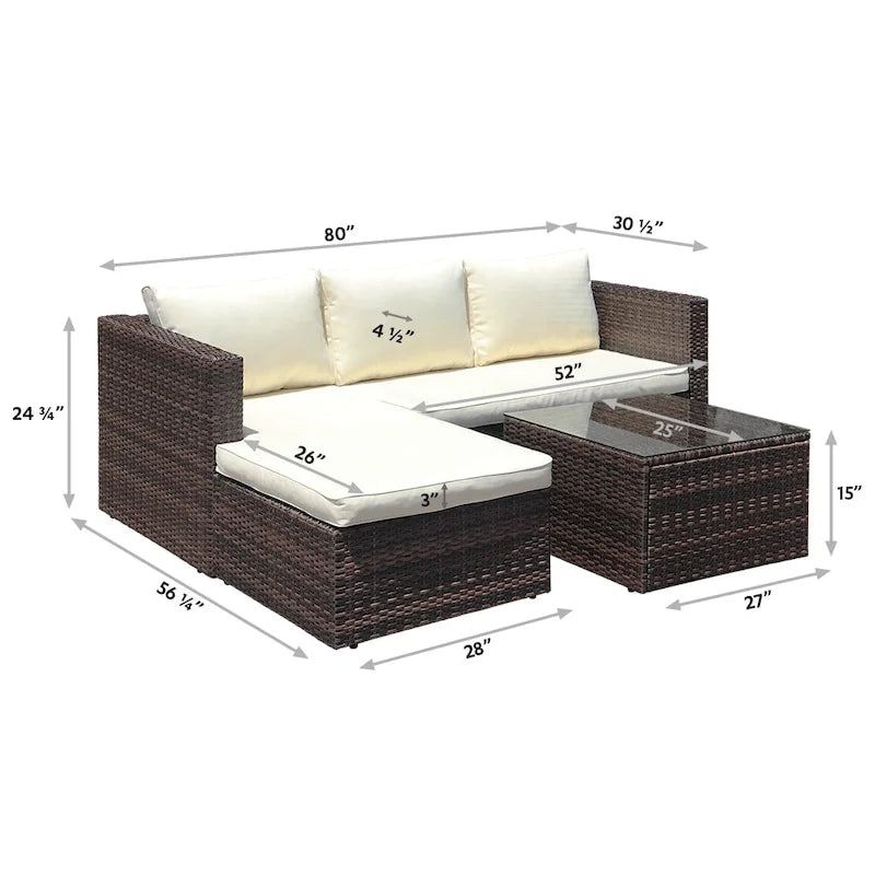 Maypex 3 Piece Wicker Sectional Conversation Set with Cushions Grey