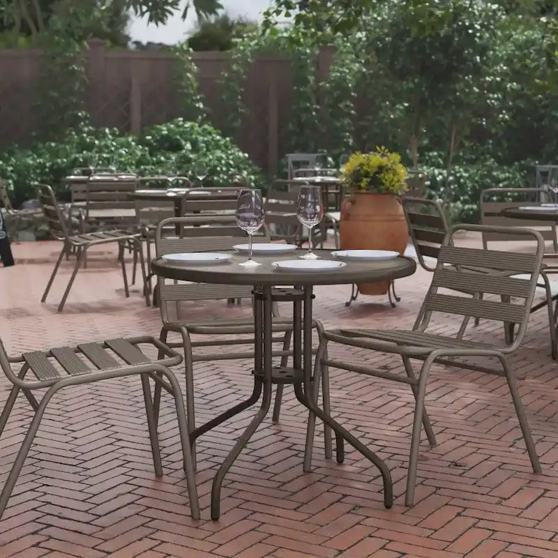 31.5 Round Tempered Glass Metal Table with Smooth Ripple Design Top