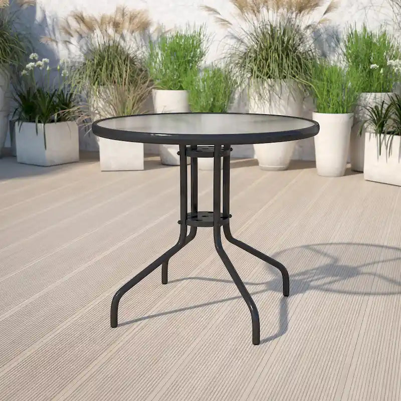 31.5 Round Tempered Glass Metal Table with Smooth Ripple Design Top