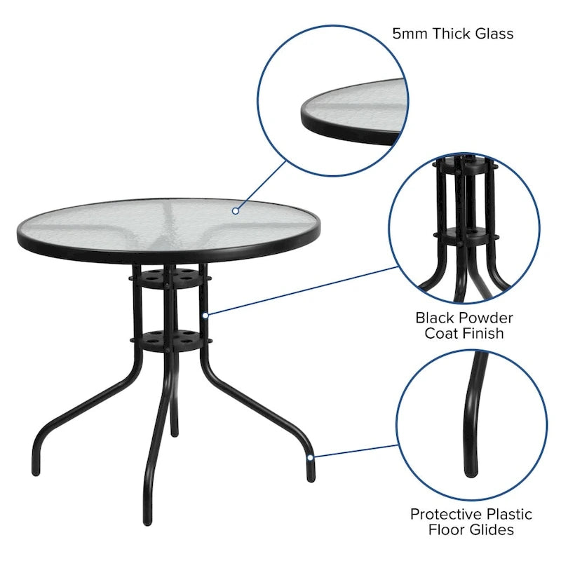 31.5 Round Tempered Glass Metal Table with Smooth Ripple Design Top