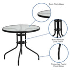 31.5 Round Tempered Glass Metal Table with Smooth Ripple Design Top