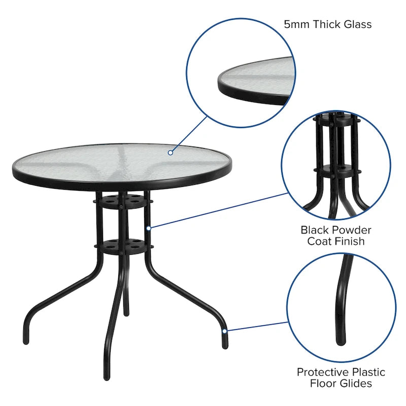 31.5 Round Tempered Glass Metal Table with Smooth Ripple Design Top
