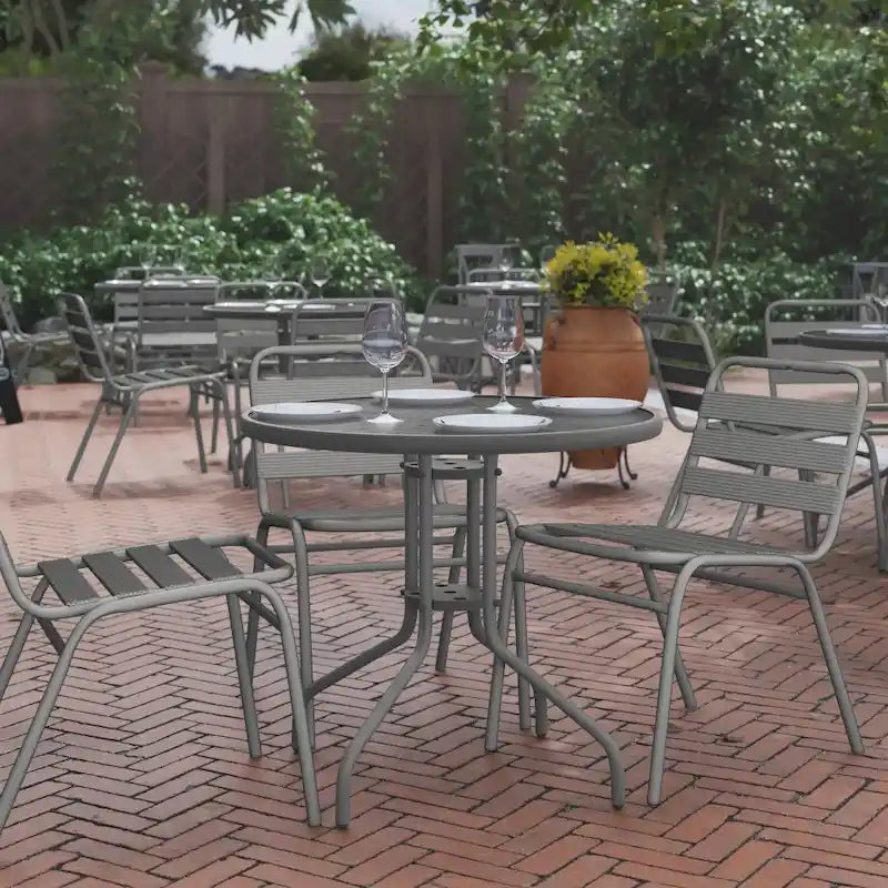 31.5 Round Tempered Glass Metal Table with Smooth Ripple Design Top