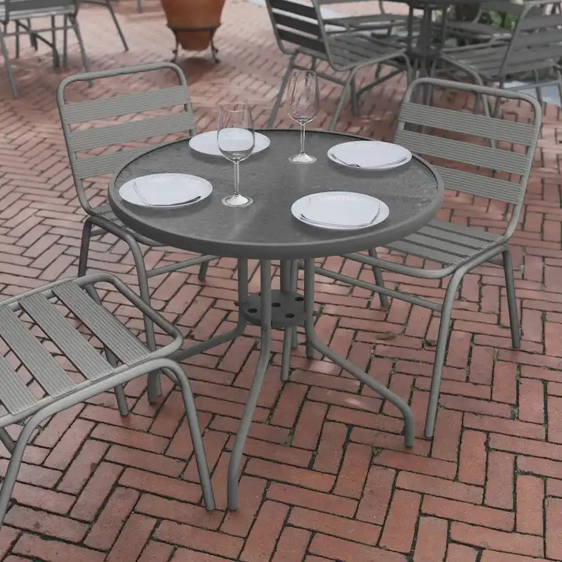 31.5 Round Tempered Glass Metal Table with Smooth Ripple Design Top