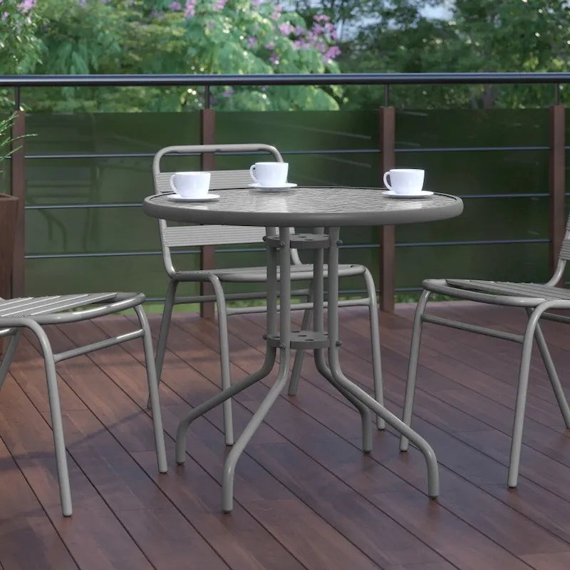 31.5 Round Tempered Glass Metal Table with Smooth Ripple Design Top