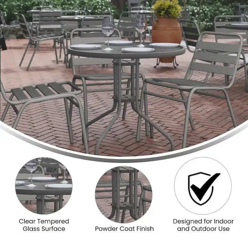 31.5 Round Tempered Glass Metal Table with Smooth Ripple Design Top