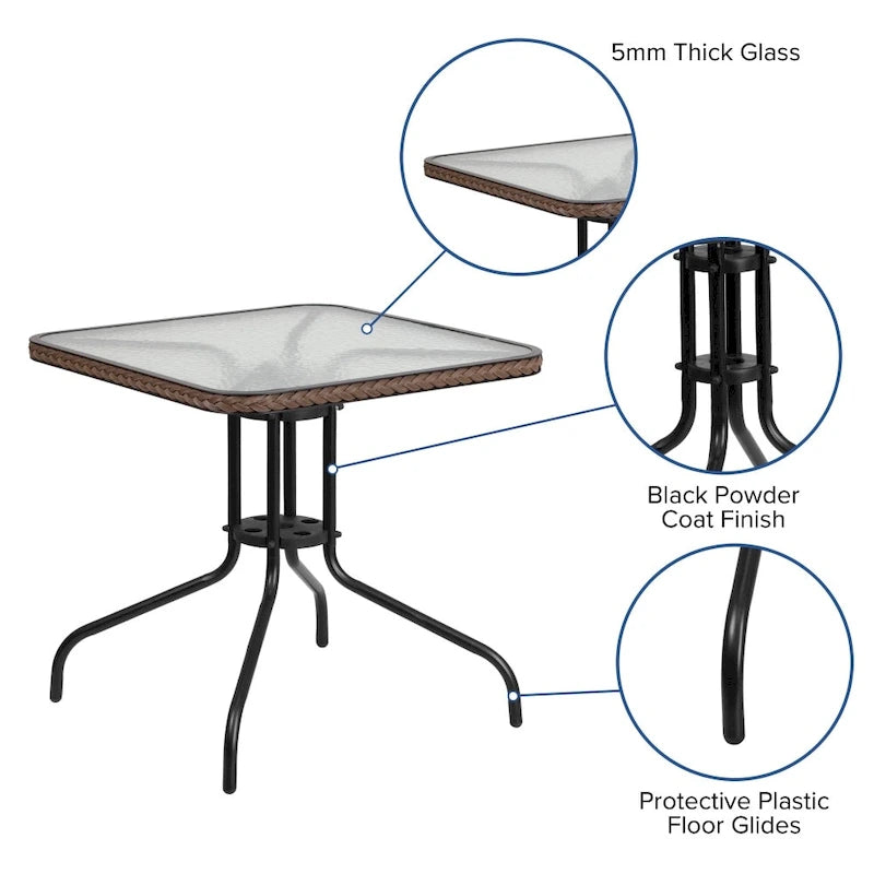 Square Tempered Glass Indoor/Outdoor Bistro Table with Rattan Edging