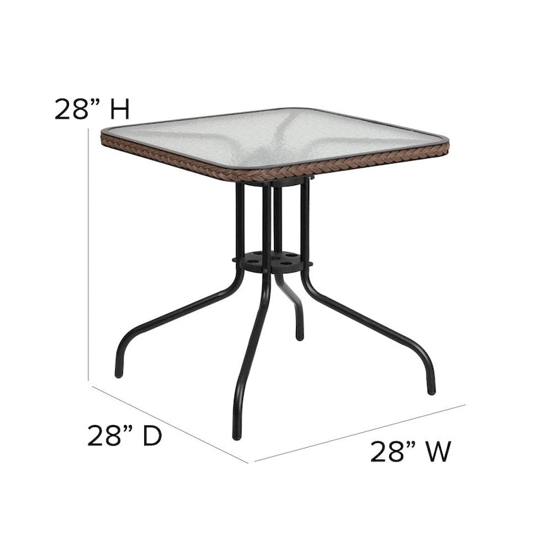 Square Tempered Glass Indoor/Outdoor Bistro Table with Rattan Edging