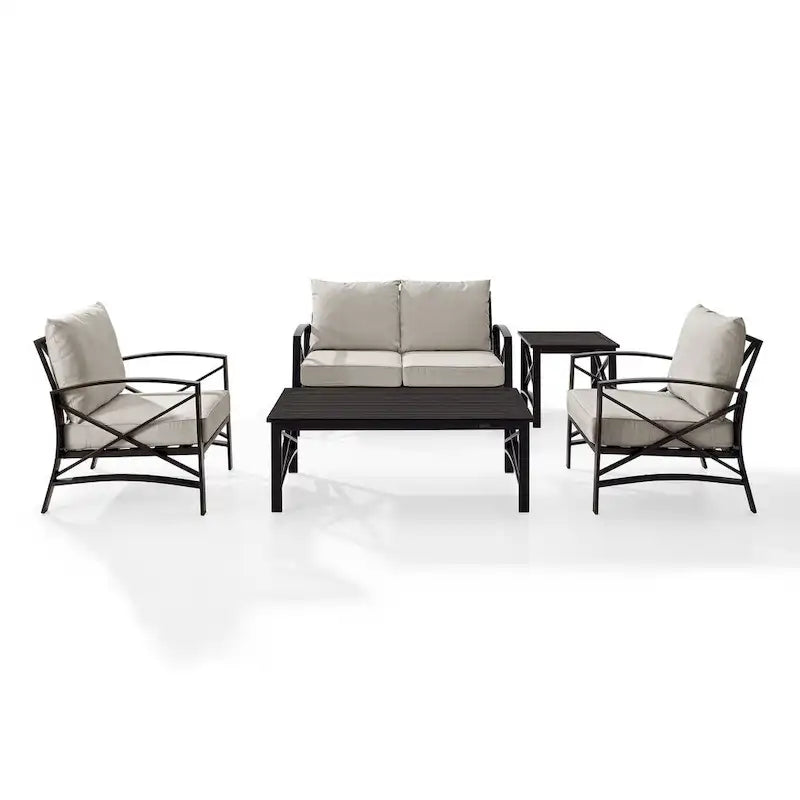 Crosley kaplan 5 pc outdoor seating set with oatmeal cushion - loveseat, two chairs, coffee table, side table