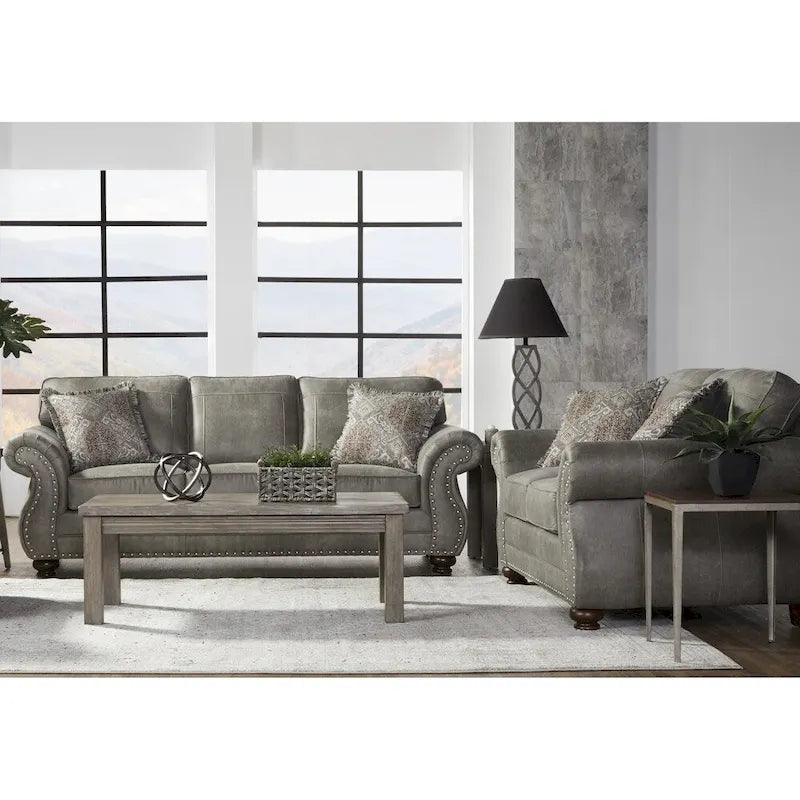  Leinster Faux Leather Upholstered Nailhead Sofa and Loveseat Set in Stone Gray