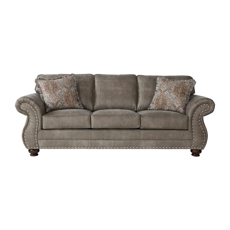 Leinster Faux Leather Upholstered Nailhead Sofa and Loveseat Set in Stone Gray