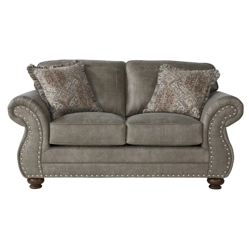 Leinster Faux Leather Upholstered Nailhead Sofa and Loveseat Set in Stone Gray