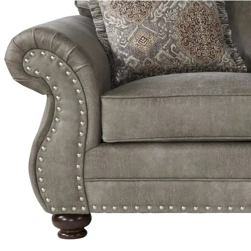 Leinster Faux Leather Upholstered Nailhead Sofa and Loveseat Set in Stone Gray