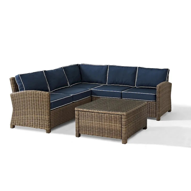 Crosley Bradenton Outdoor Wicker 4-Piece Sectional Seating Set with Navy Cushions