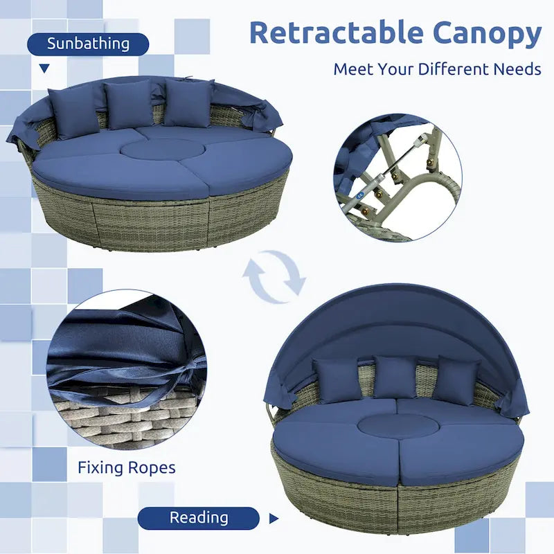 Patio Rattan Daybed Outdoor Sectional Seating with Side Table & Canopy