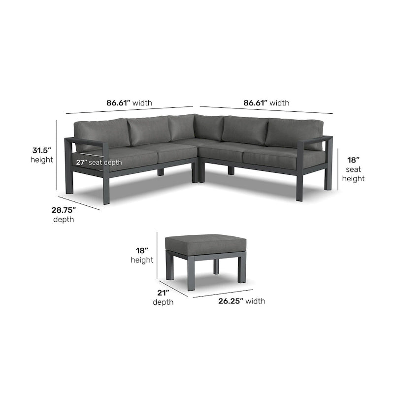 Grayton Gray Aluminum 5 Seat Sectional w/ Ottoman - 87 x 32 x 87