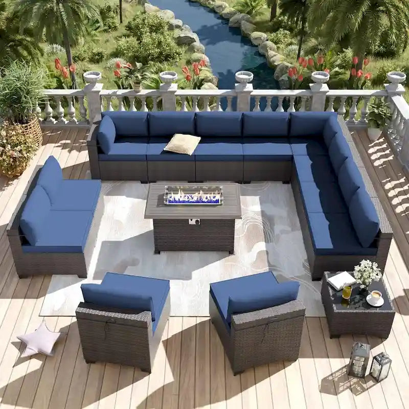 Kullavik 14 Pieces Outdoor Patio Furniture Set with Fire Pit Table
