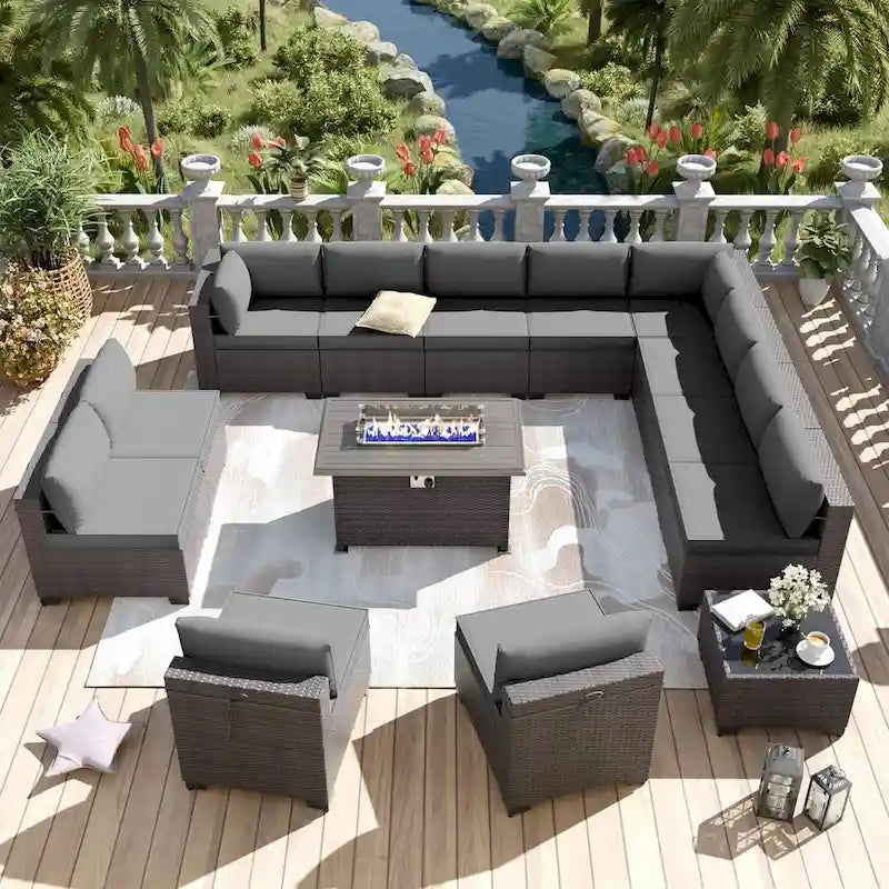 Kullavik 14 Pieces Outdoor Patio Furniture Set with Fire Pit Table