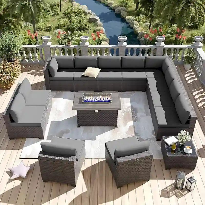 Kullavik 14 Pieces Outdoor Patio Furniture Set with Fire Pit Table