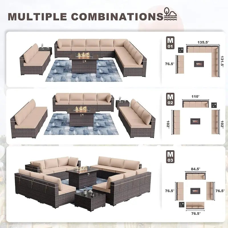 Kullavik 14 Pieces Outdoor Patio Furniture Set with Fire Pit Table