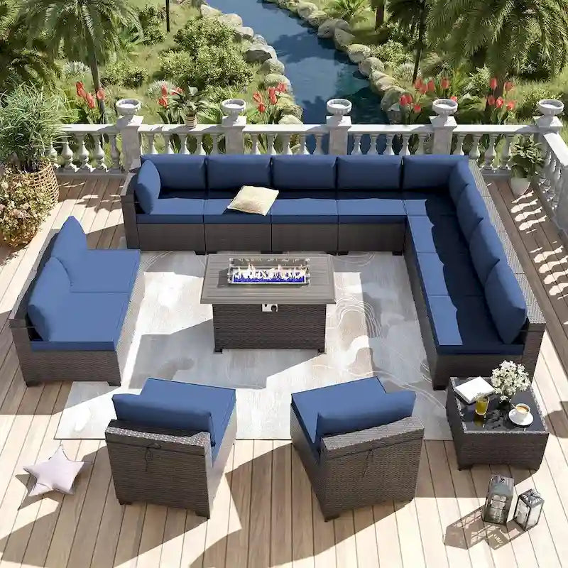 Kullavik 14 Pieces Outdoor Patio Furniture Set with Fire Pit Table