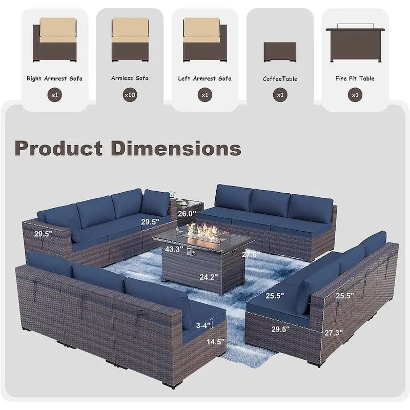 Kullavik 14 Pieces Outdoor Patio Furniture Set with Fire Pit Table