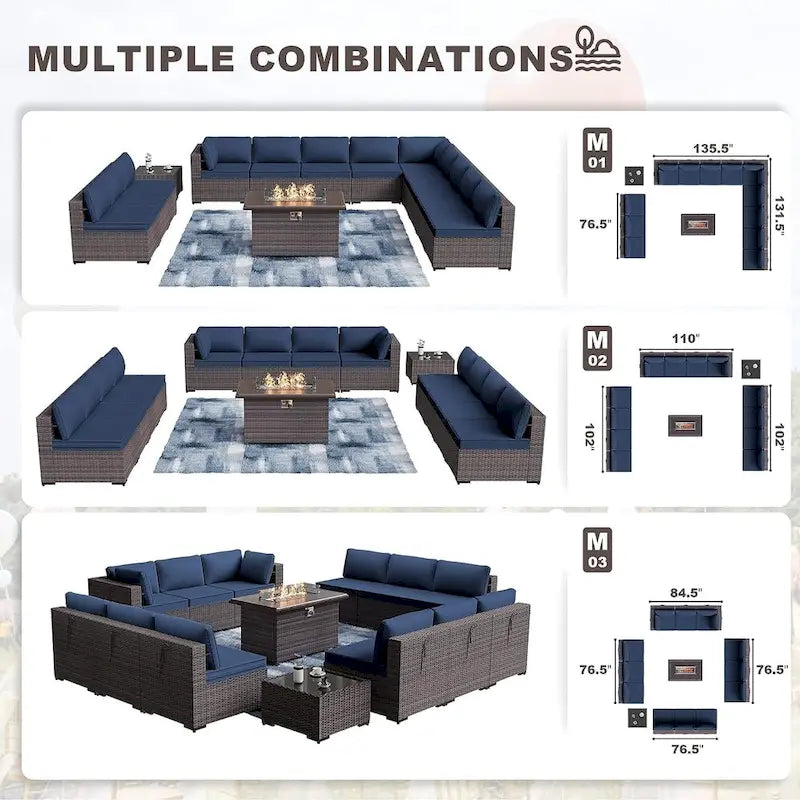Kullavik 14 Pieces Outdoor Patio Furniture Set with Fire Pit Table