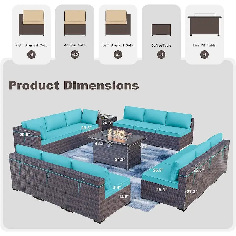 Kullavik 14 Pieces Outdoor Patio Furniture Set with Fire Pit Table