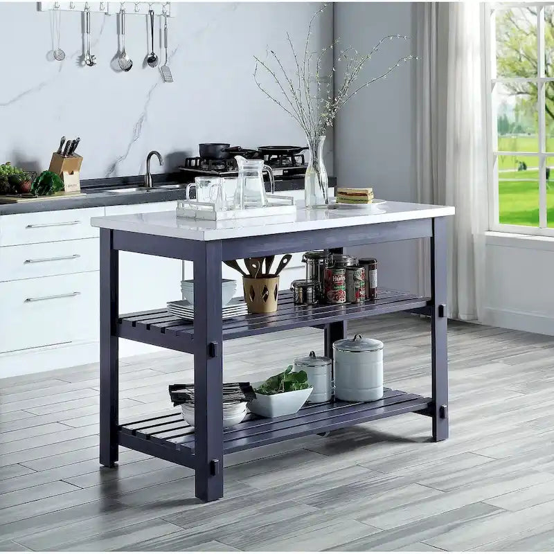 Marble Top Kitchen Island with 2 Open Shelves in White and Gray
