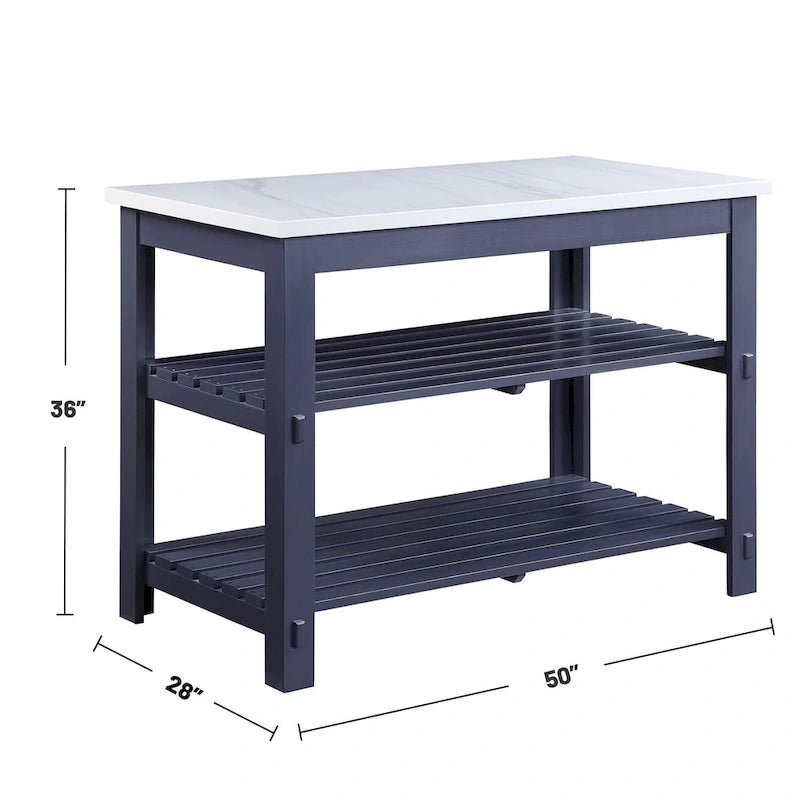 Marble Top Kitchen Island with 2 Open Shelves in White and Gray
