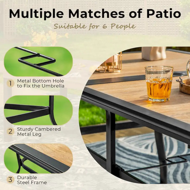 MAISON ARTS 7-Piece Patio Dining Set Wood-look Rectangle Table and 6 Textilene Chairs
