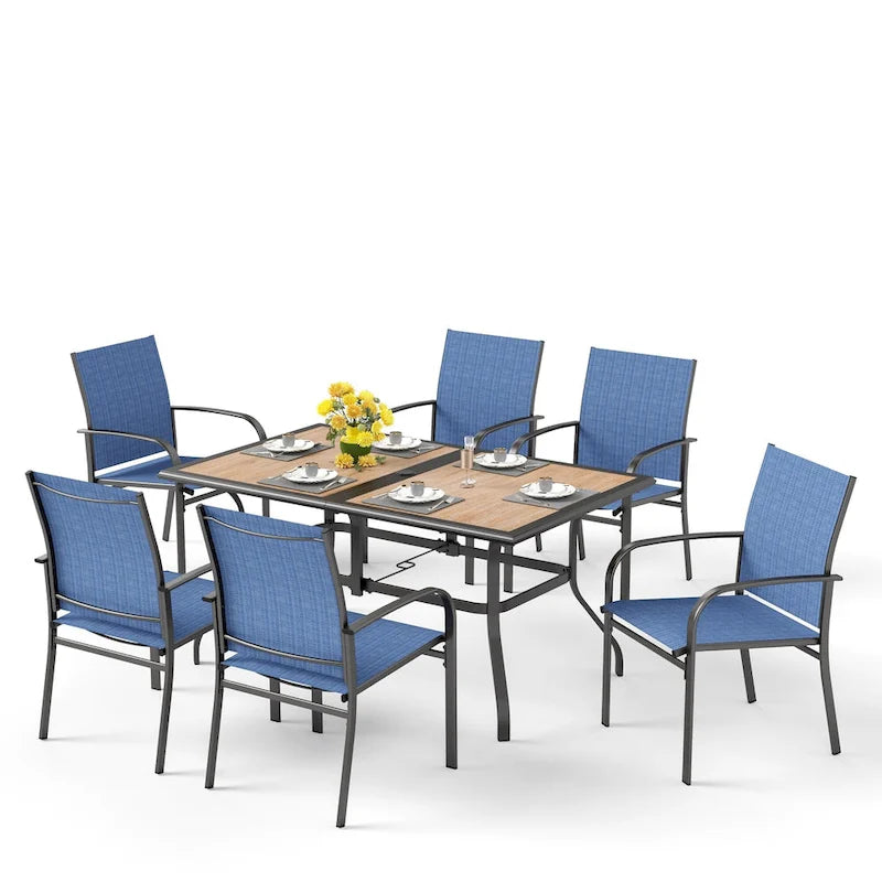 MAISON ARTS 7-Piece Patio Dining Set Wood-look Rectangle Table and 6 Textilene Chairs