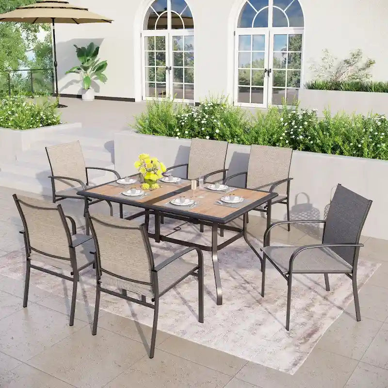 MAISON ARTS 7-Piece Patio Dining Set Wood-look Rectangle Table and 6 Textilene Chairs