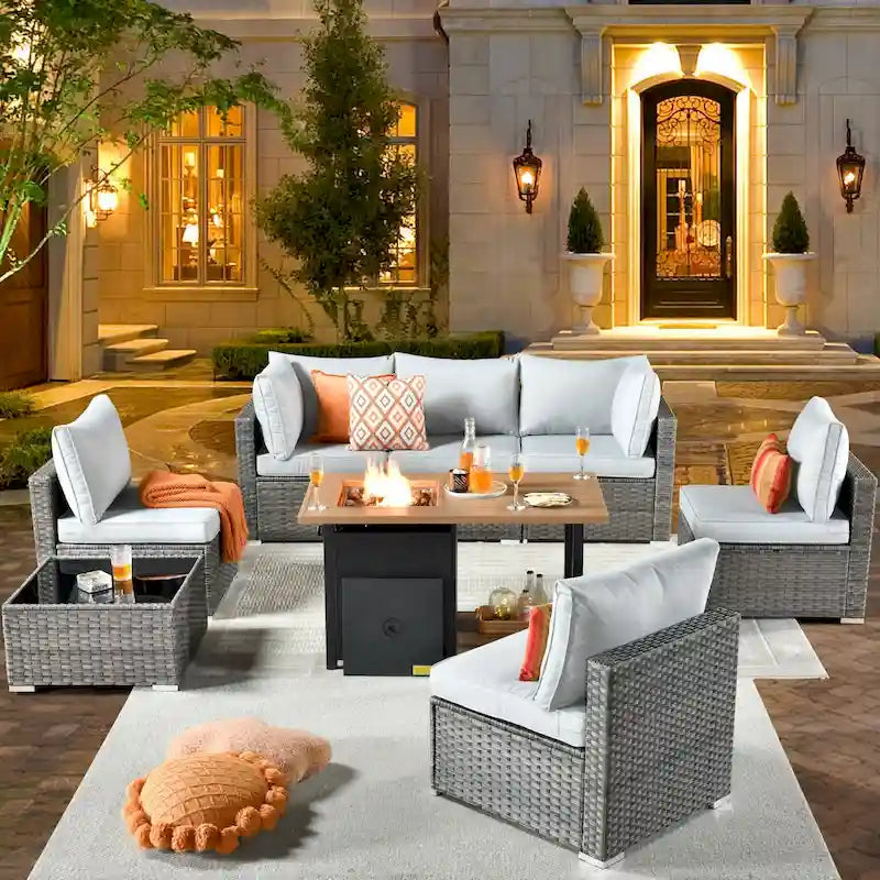 XIZZI 8-piece Outdoor Furniture Patio Wicker Sofa Set with Fire Pit