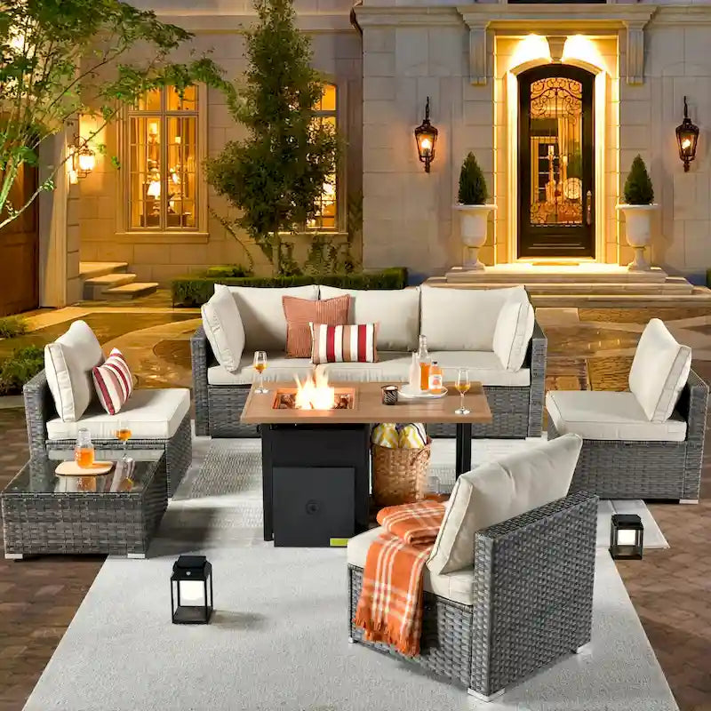XIZZI 8-piece Outdoor Furniture Patio Wicker Sofa Set with Fire Pit