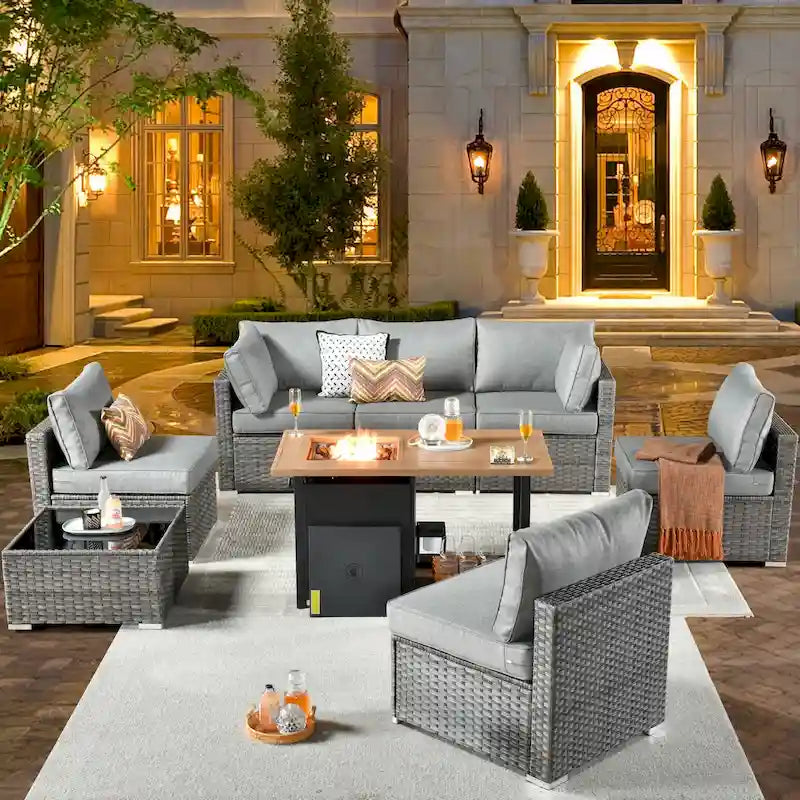 XIZZI 8-piece Outdoor Furniture Patio Wicker Sofa Set with Fire Pit