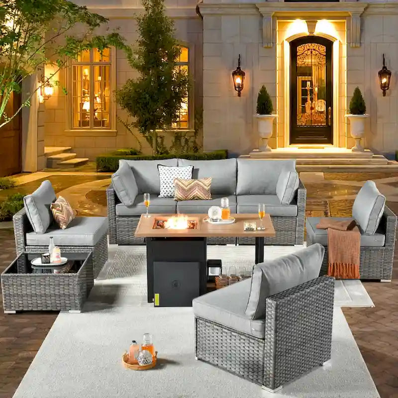 XIZZI 8-piece Outdoor Furniture Patio Wicker Sofa Set with Fire Pit