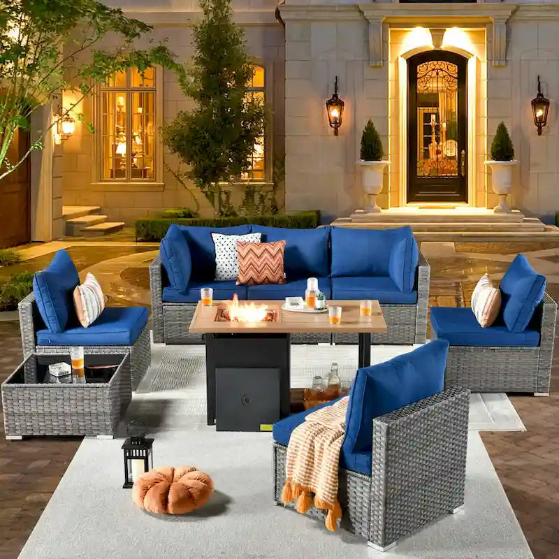 XIZZI 8-piece Outdoor Furniture Patio Wicker Sofa Set with Fire Pit