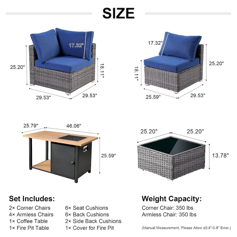 XIZZI 8-piece Outdoor Furniture Patio Wicker Sofa Set with Fire Pit