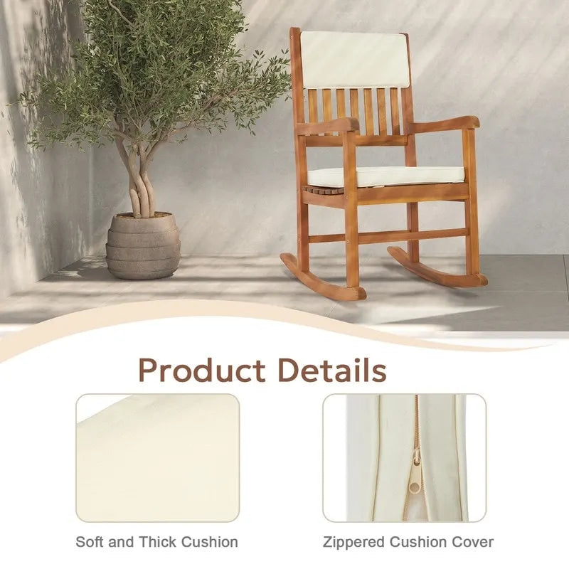 Natural Wood Outdoor Rocking Chair with Sponge Cushion