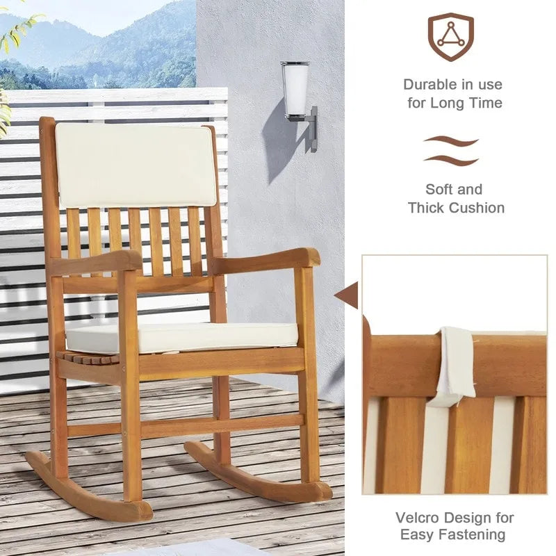 Natural Wood Outdoor Rocking Chair with Sponge Cushion