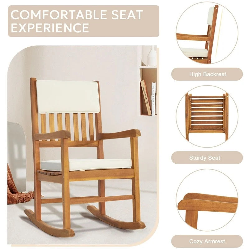 Natural Wood Outdoor Rocking Chair with Sponge Cushion