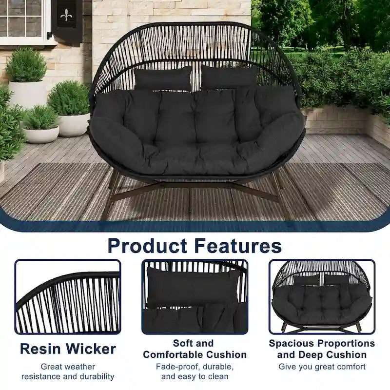 2 PCS Outdoor Oversized Wicker Egg Basket Lounger Chair with Cushions