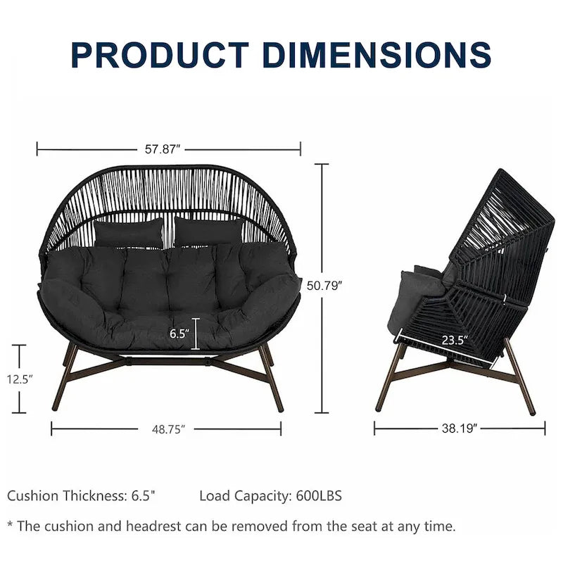 2 PCS Outdoor Oversized Wicker Egg Basket Lounger Chair with Cushions