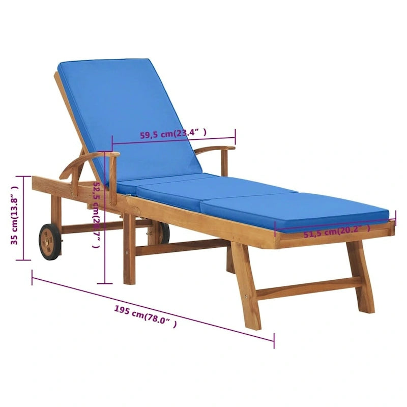 vidaXL Sun Lounger with Cushion Solid Teak Wood Blue - 76.8 x 23.4