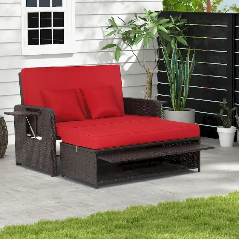 Patio Rattan Daybed with 4-Level Adjustable Backrest and Retractable Side Tray - 31 x 67 x 36