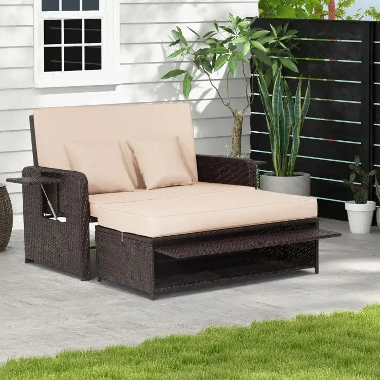 Patio Rattan Daybed with 4-Level Adjustable Backrest and Retractable Side Tray - 31 x 67 x 36